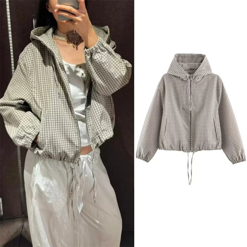 Damen karierte Kapuzenjacke cropped mit Reißverschluss