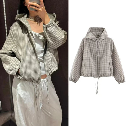 Damen karierte Kapuzenjacke cropped mit Reißverschluss