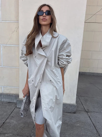 Damen Langer Trenchcoat Oversize mit hohem Kragen Schwarz