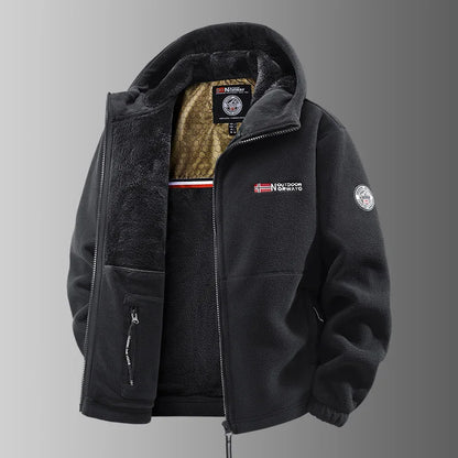 Men's outdoor fleece jacket with hood and zip closure, lined