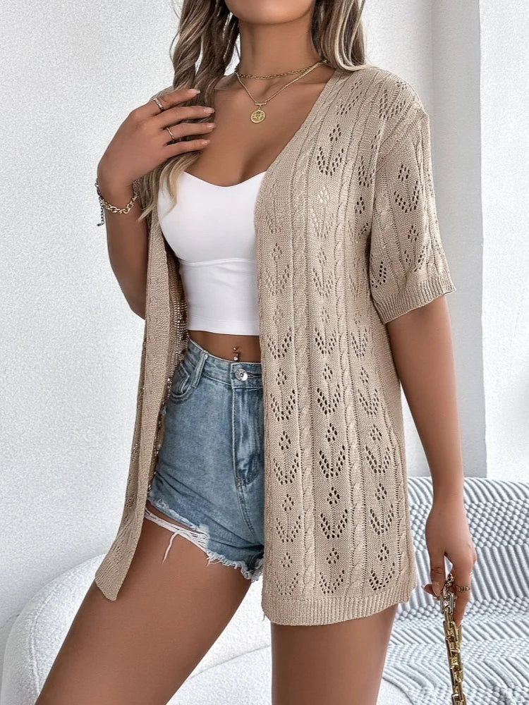 Women's short-sleeve knitted cardigan with open-knit pattern and open front