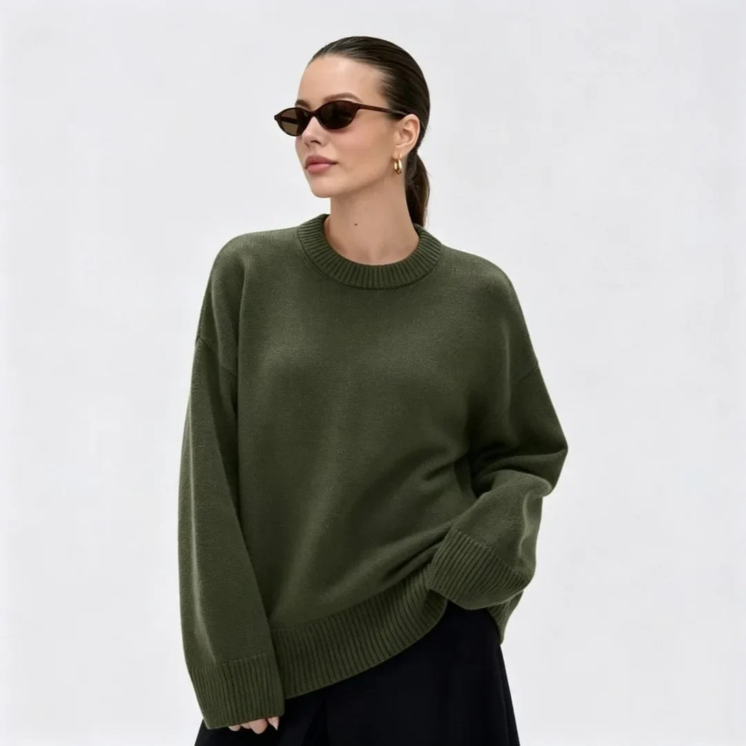 Women's Oversized Crewneck Sweater with Ribbed Cuffs, Loose-Fit Knit