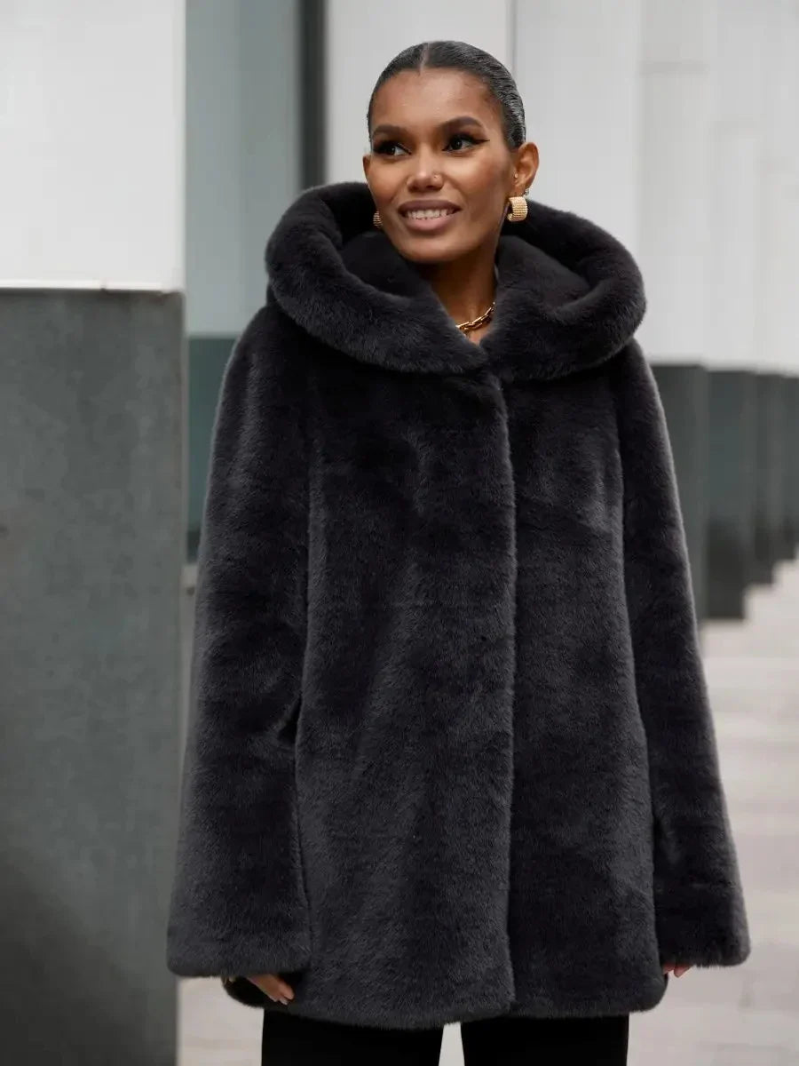 Damen Kurzmantel mit Kapuze Plüsch-Optik Winter