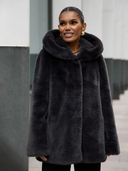 Damen Kurzmantel mit Kapuze Plüsch-Optik Winter