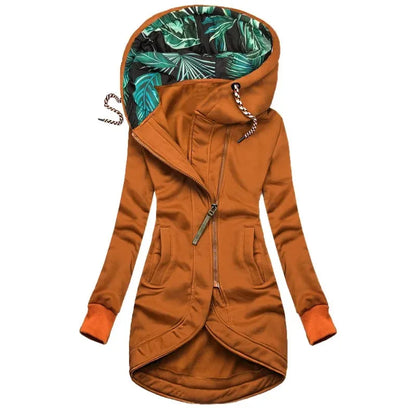 Women's hoodie jacket with leaf-print lining, asymmetrical zipper & drawstring