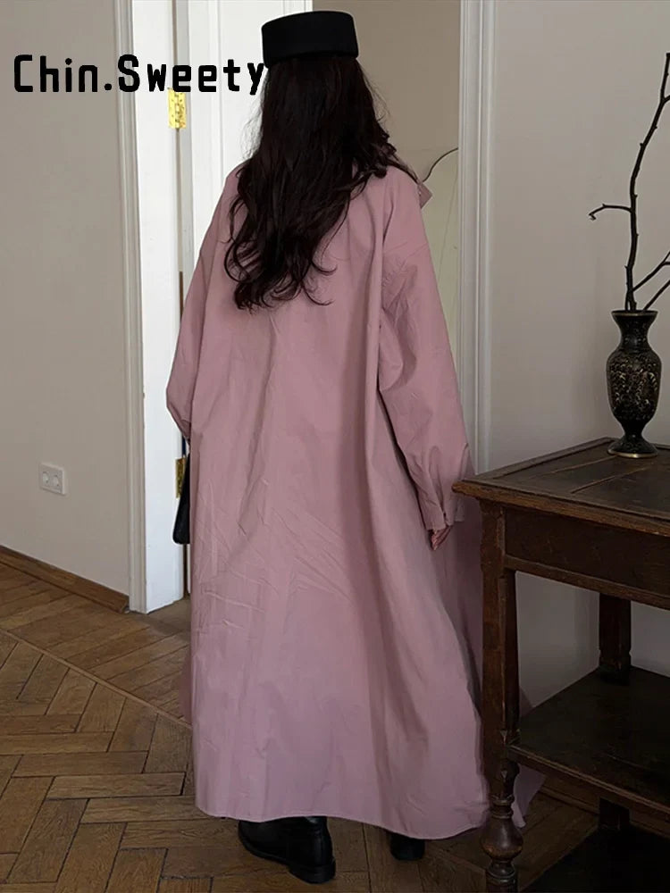 Women's long transitional trench coat with stand collar and puff sleeves
