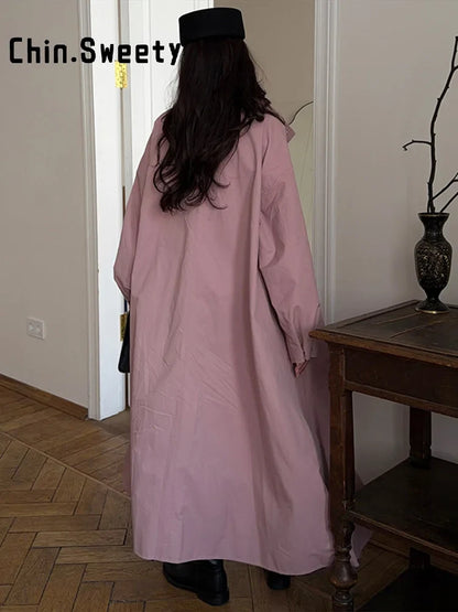Women's long transitional trench coat with stand collar and puff sleeves