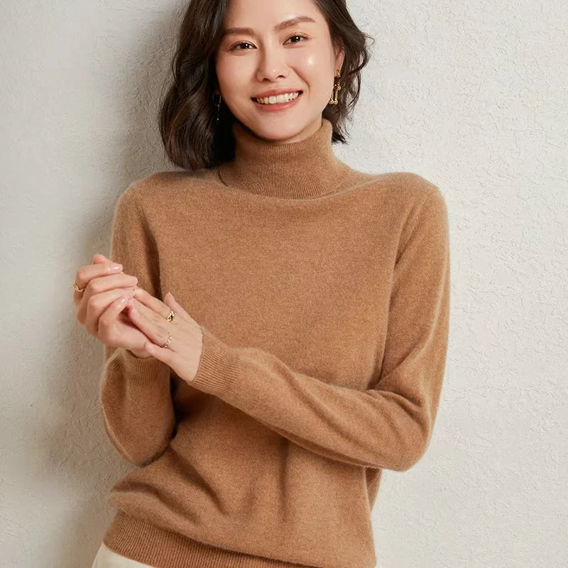 Women's long-sleeved turtleneck knitted sweater, warm, solid color