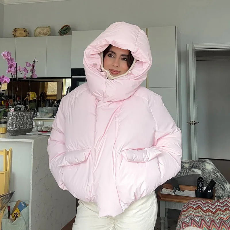 Damen Winter Steppjacke mit Kapuze – Kurze Puffer Jacke in Pink