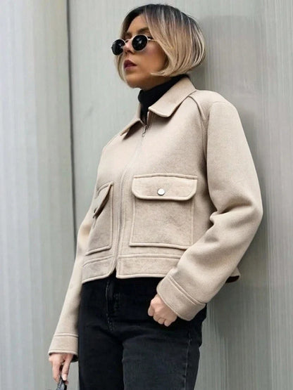 Short Jacket with Zipper and Flap Pockets