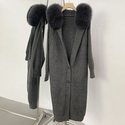 Lange Strickjacke mit flauschigem Kragen, Anthrazit
