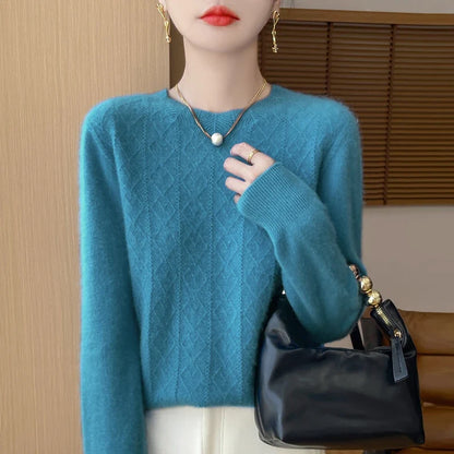 Women's crew-neck knitted sweater with diamond pattern long sleeves