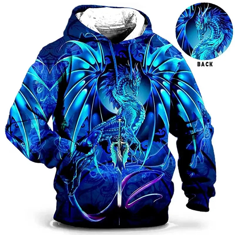 Dragon-print hoodie, fantasy design, hooded pullover for men