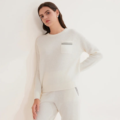 Women's crew-neck sweater with chest pocket and stripes