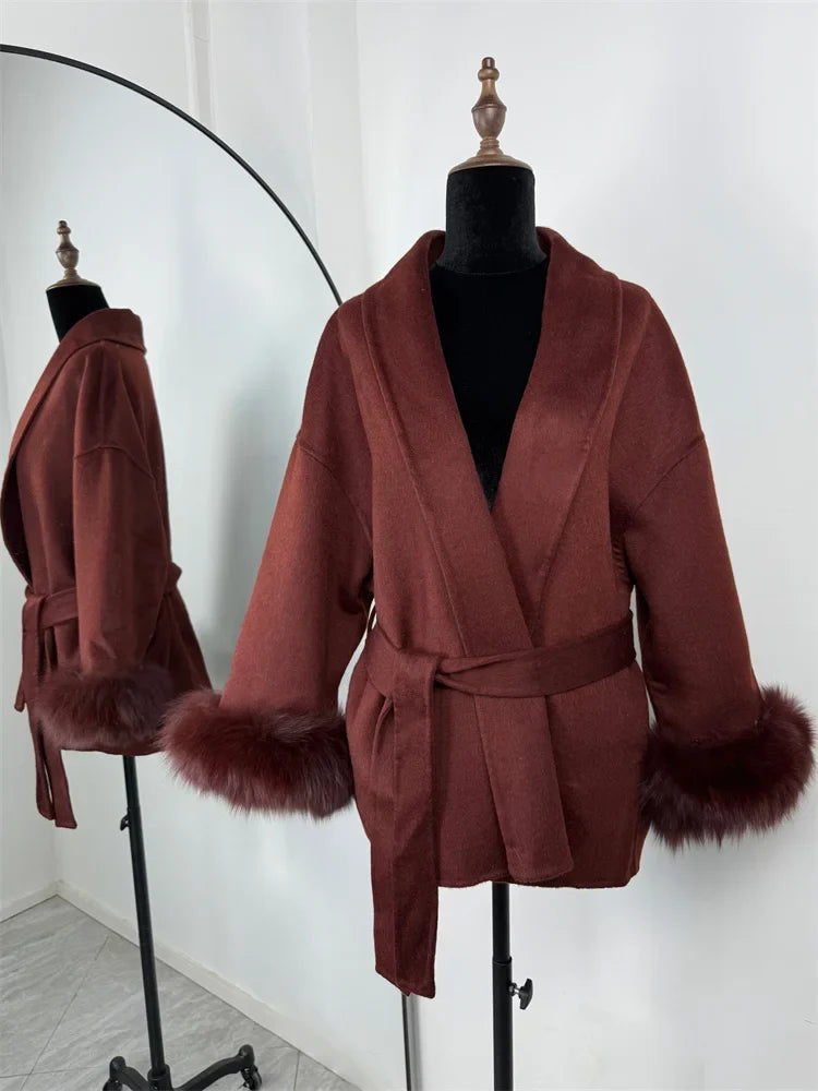 Short women's wrap coat with faux-fur sleeves and tie belt
