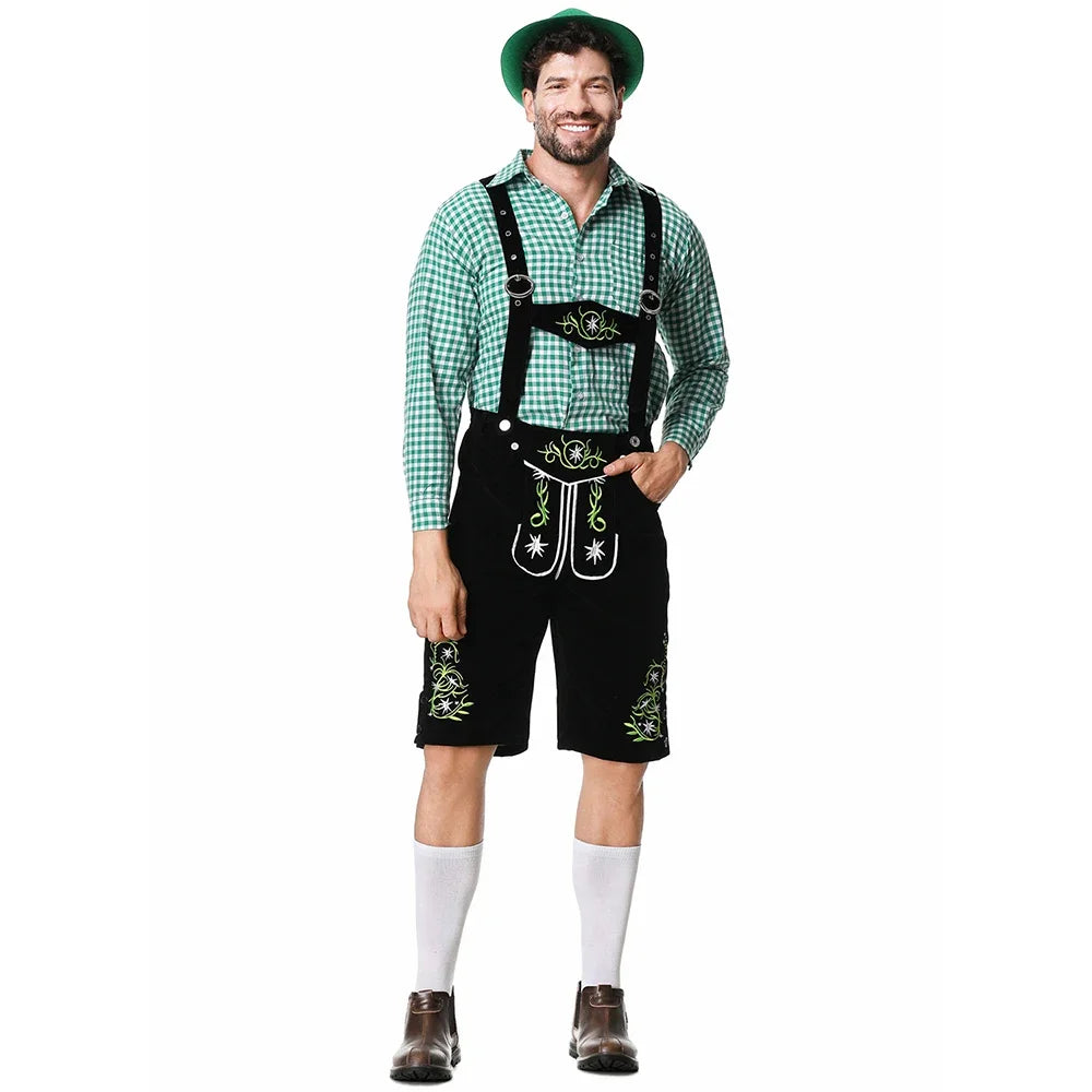 Men's traditional leather pants set with shirt and suspenders, black or brown