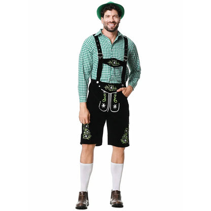 Men's traditional leather pants set with shirt and suspenders, black or brown