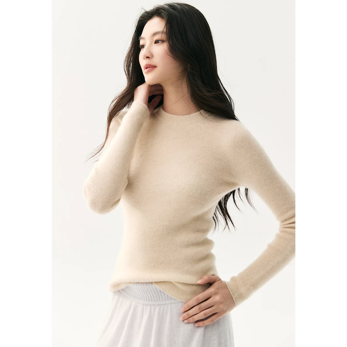 Damen Pullover Rundhals Langarm Gerippter Saum in verschiedenen Farben