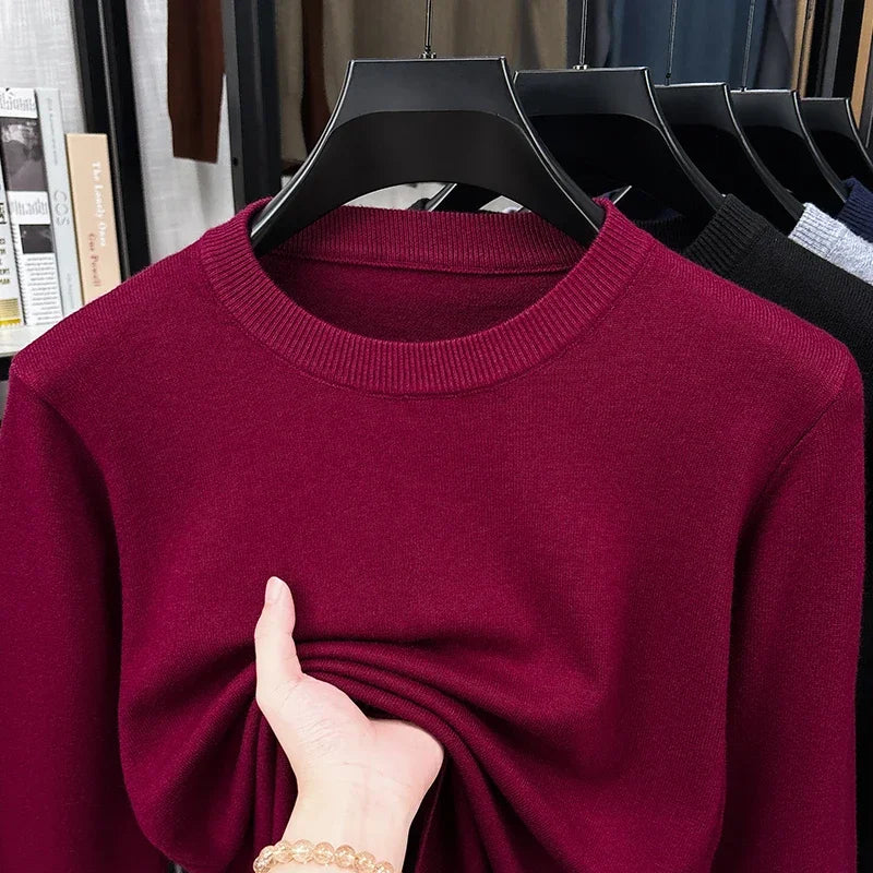 Men's fine-knit crew-neck sweater with long sleeves - navy blue