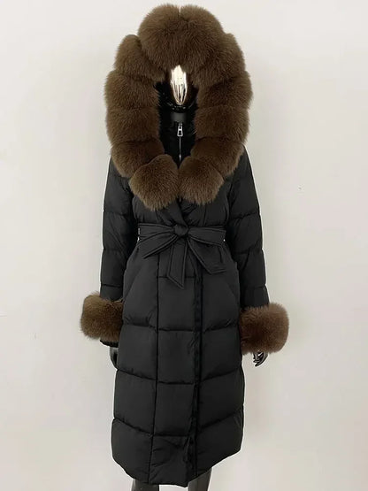 Women's quilted winter down coat with faux fur trim and belt