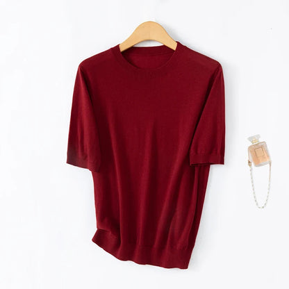 Damen Kurzarm Strickpullover Rundhals Rippbündchen