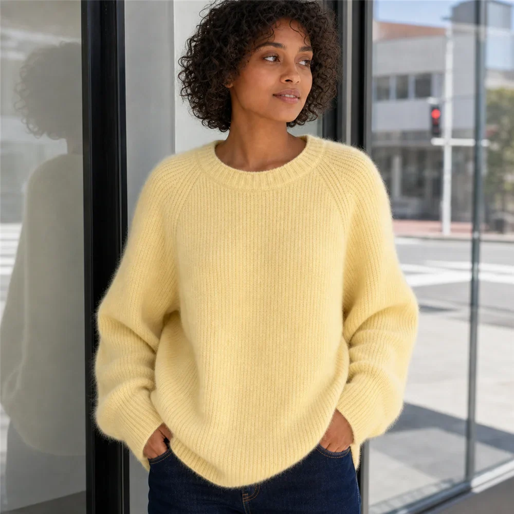 Women's Oversized Crewneck Knit Sweater with Raglan Sleeves