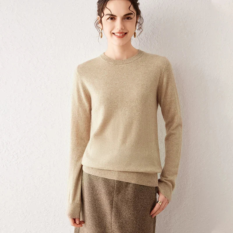 Women's crew-neck long-sleeve basic knitted sweater, cozy pullover