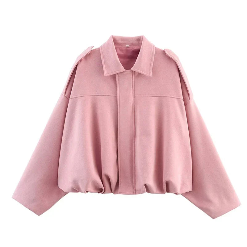 Women's short bomber jacket, oversized, green with collar