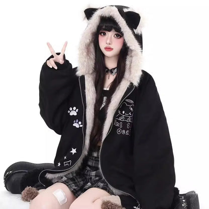 Women's winter jacket with cat ears, hood and fur trim, relaxed fit