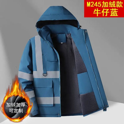 Men's winter work jacket with fleece lining, reflective stripes, and hood