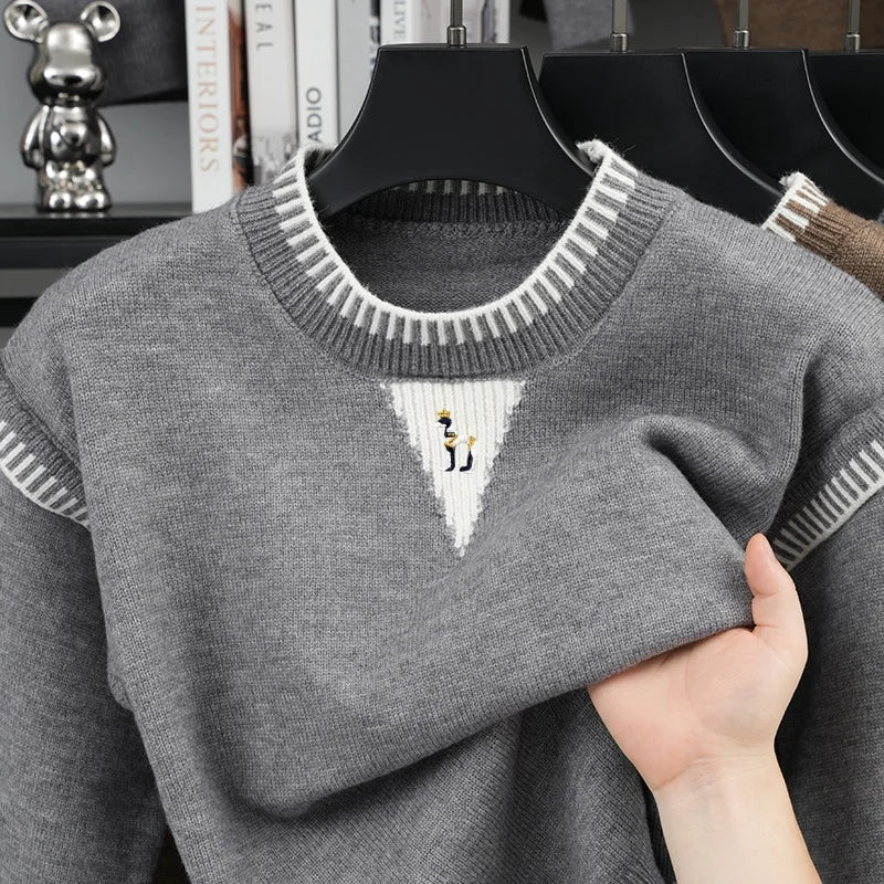 Men's Crew-Neck Knit Sweater with Pattern Detail and Contrast Cuffs