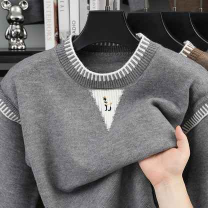 Men's Crew-Neck Knit Sweater with Pattern Detail and Contrast Cuffs