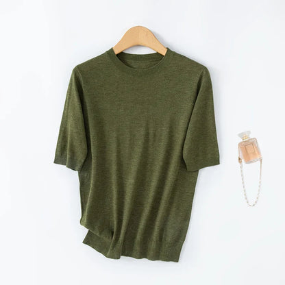 Women's short-sleeve knitted sweater, crew neck, soft sweater top