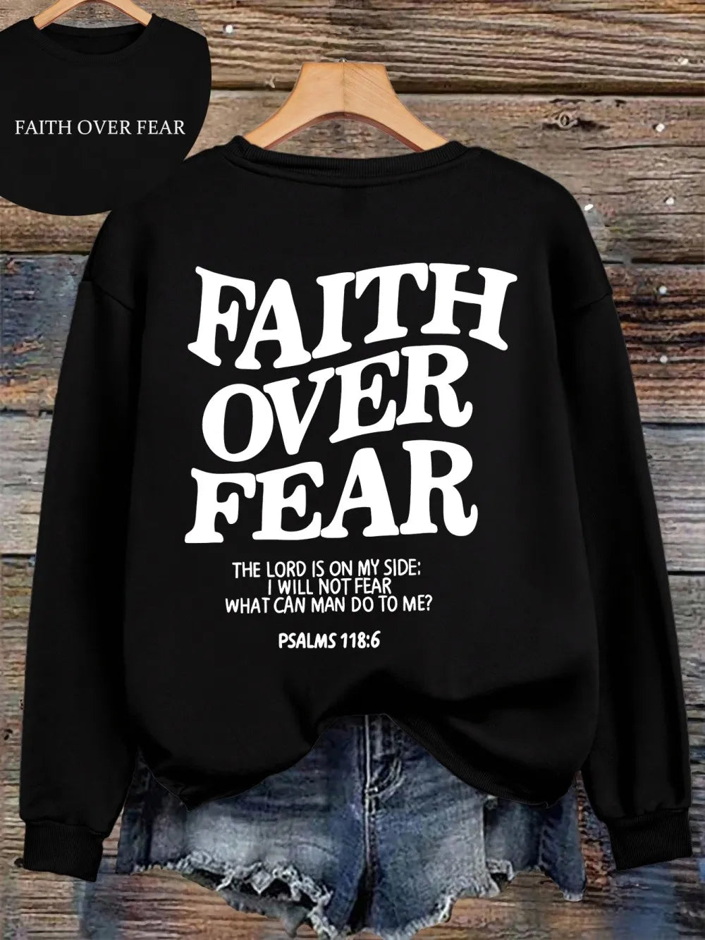 Hoodie with "Faith Over Fear" lettering and Bible quote, oversized hoodie