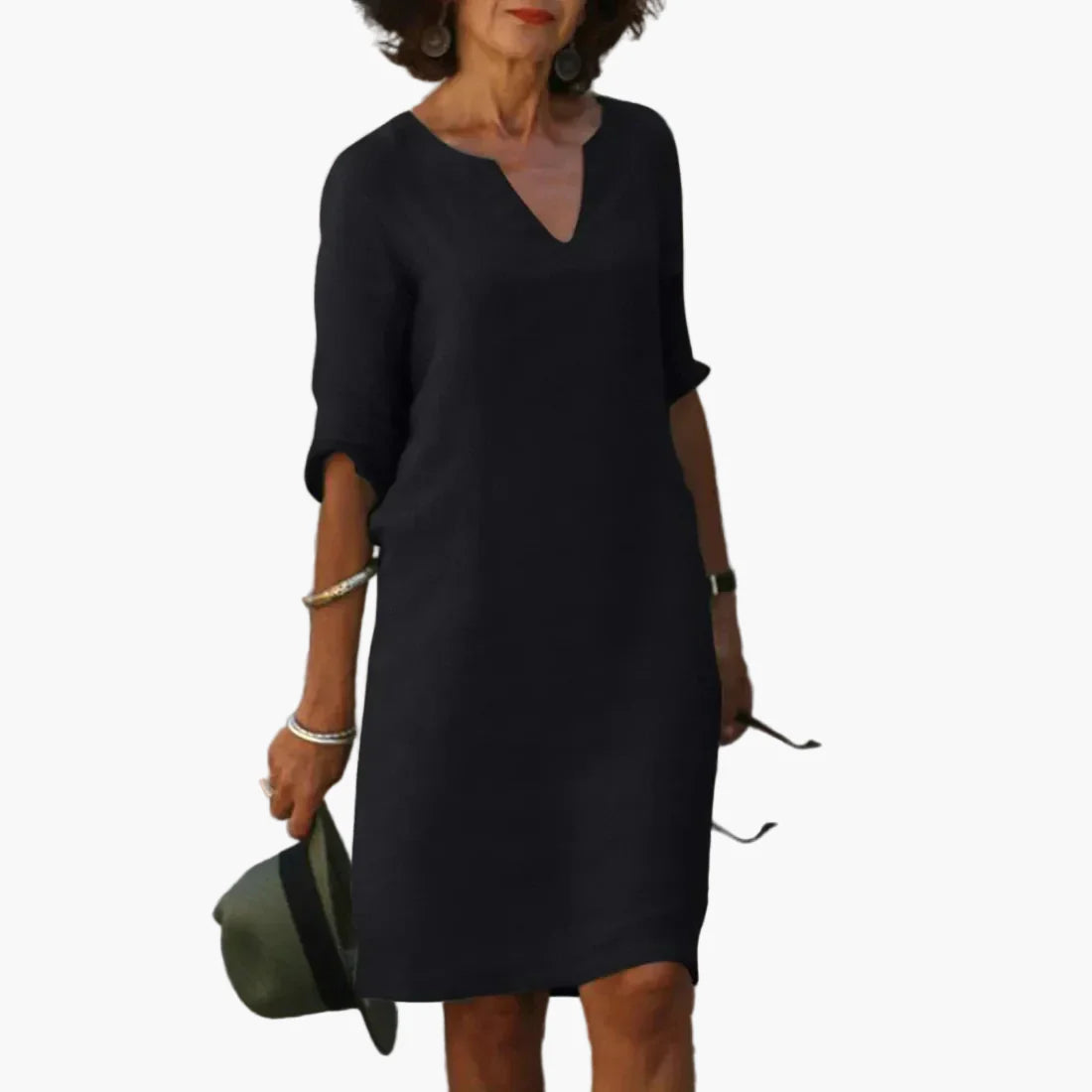 Damen Freizeitkleid mit V-Ausschnitt und 3/4-Ärmeln – Elegantes Alltagskleid für Büro und Freizeit