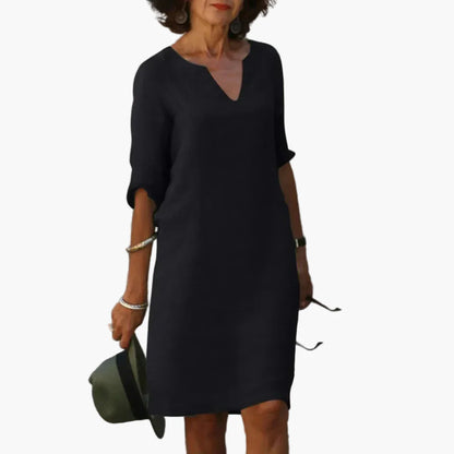 Damen Freizeitkleid mit V-Ausschnitt und 3/4-Ärmeln – Elegantes Alltagskleid für Büro und Freizeit