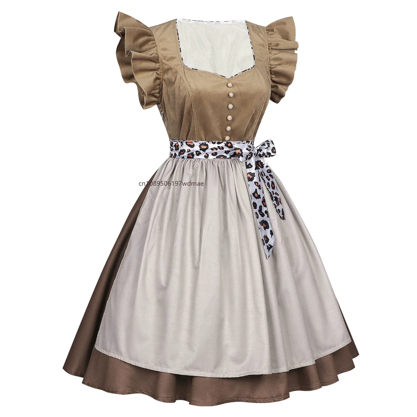 Damen Dirndl Kleid Braun Beige mit Schürze und Leopardenmuster-Band