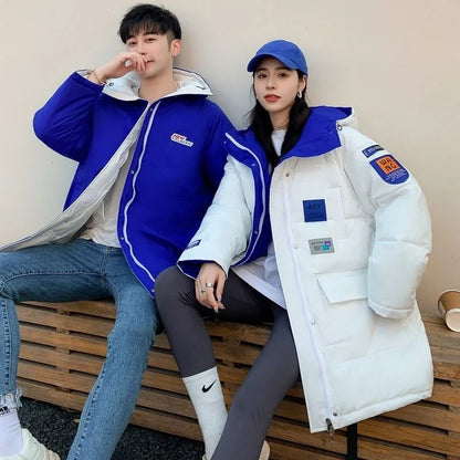 Unisex Winter Steppjacke lang gefüttert mit Kapuze Schwarz Blau