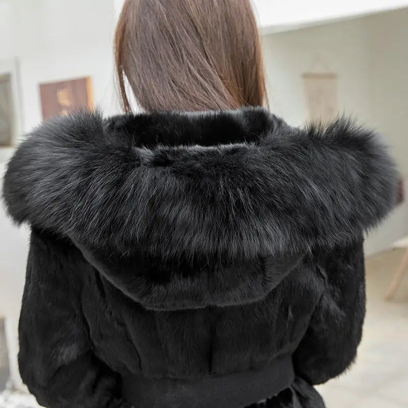 Damen Kunstfellmantel Schwarz mit Kapuze Wintermantel