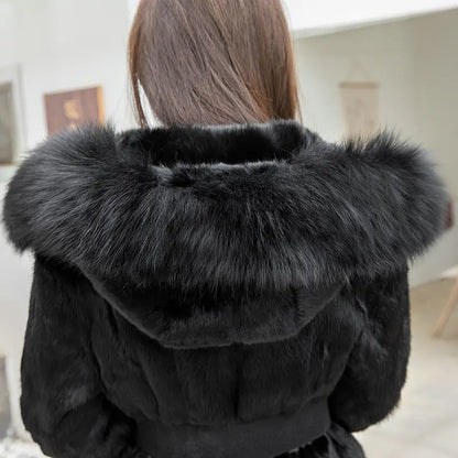 Damen Kunstfellmantel Schwarz mit Kapuze Wintermantel