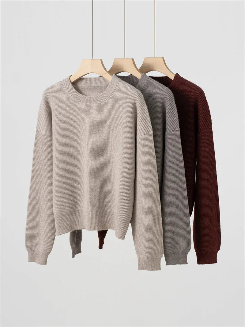 Women's Ribbed Crew-Neck Long-Sleeved Knit Sweater in Red-Brown
