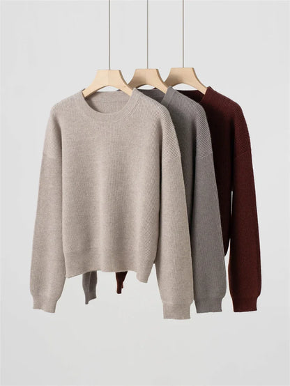 Women's Ribbed Crew-Neck Long-Sleeved Knit Sweater in Red-Brown