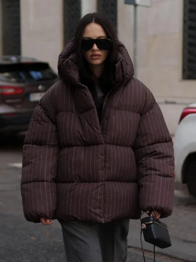 Damen Pufferjacke gestreift mit Kapuze Schwarz