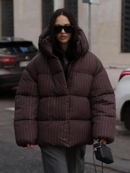 Damen Pufferjacke gestreift mit Kapuze Schwarz