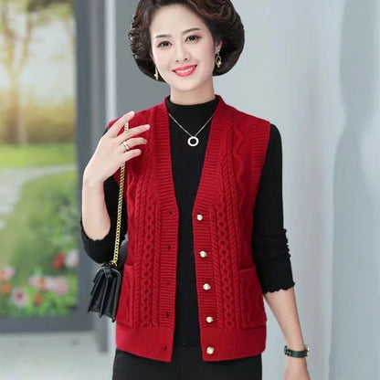 Women's Cable-Knit Vest with V-Neck and Button Placket