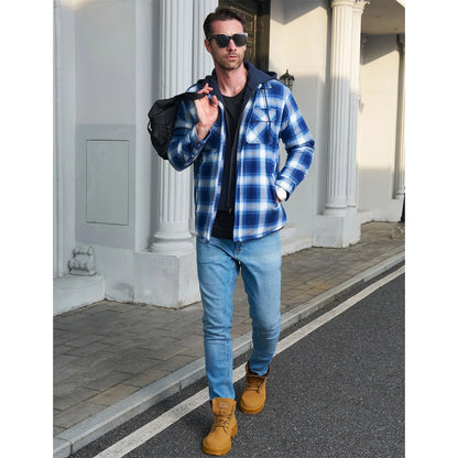 Men's plaid shirt jacket with hood, lined