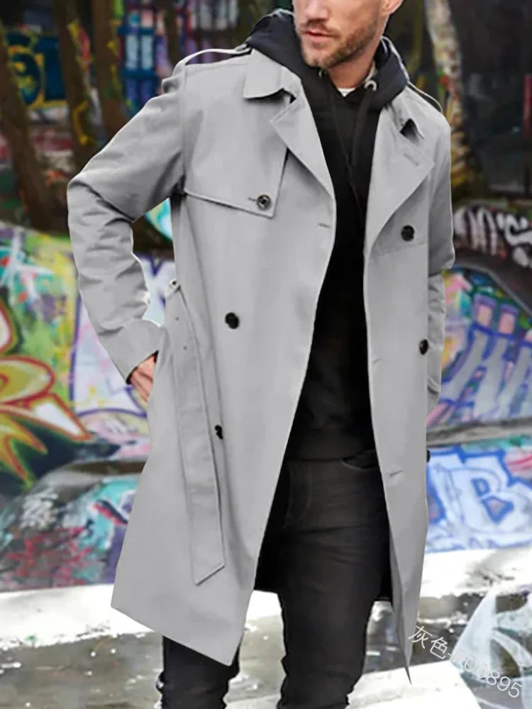 Herren Trenchcoat Zweireiher Mittellang mit Gürtel Klassischer Mantel