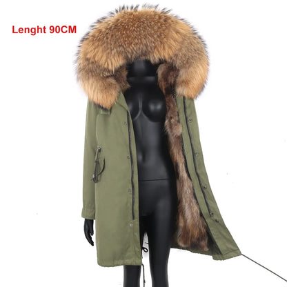 Long winter parka coat with hood and fur trim for women