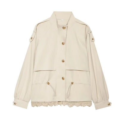 Women's Jacket with Stand Collar, Waist Drawstring and Lace Trim at the Hem