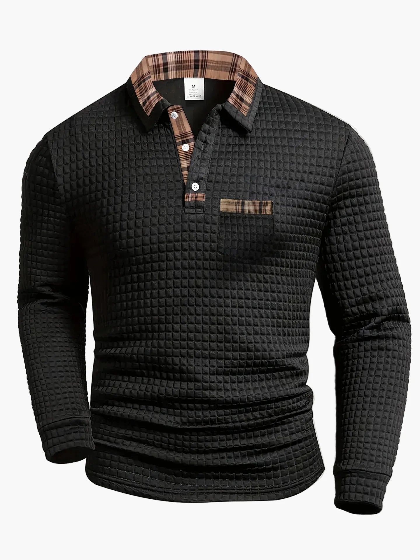 Men's Long Sleeve Casual Polo Shirt with Check Details – Stylish Waffle Pattern, Ideal for Everyday & Office